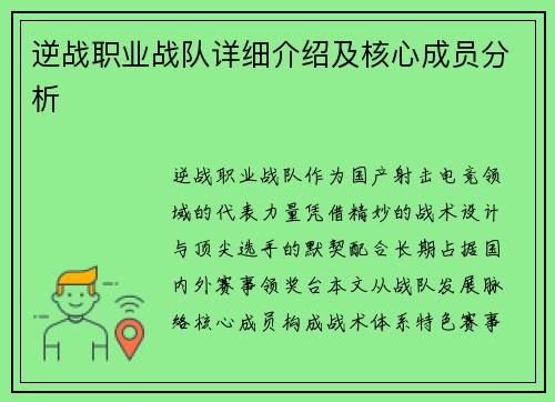 逆战职业战队详细介绍及核心成员分析